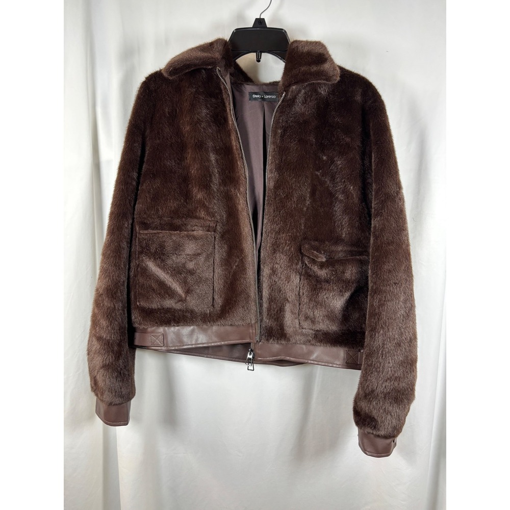 Stella + Lorenzo Faux Fur Bomber Jacket Brown Faux Leather Trim Size L RN132385